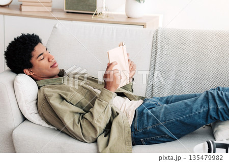 Distance education concept. Focused black teen student with textbook reading on sofa at home. African American teenager doing home assignment, getting ready for online test or exam 135479982