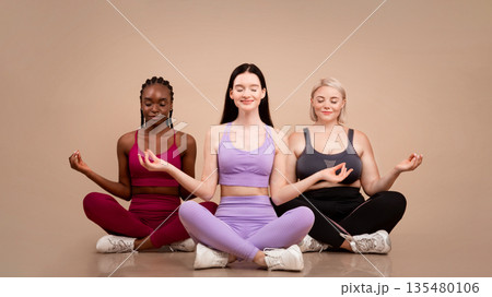 Beautiful body positive women of different size and appearances meditating together indoors, young happy multiethnic females in sportswear sitting in lotus pose with eyes closed over beige background Beautiful body positive women of different size and appearances meditating together indoors, young happy multiethnic females in sportswear sitting in lotus pose with eyes closed over beige background 135480106