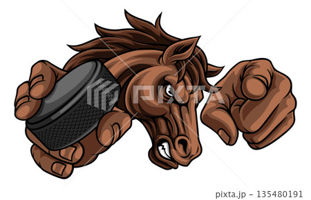 Horse Mustang Stallion Ice Hockey Sports Mascot Horse Mustang Stallion Ice Hockey Sports Mascot 135480191