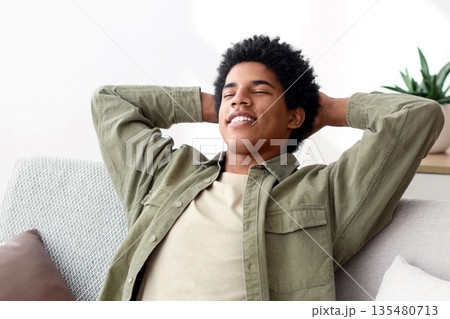 Calm young teen guy relaxing on sofa, napping with closed eyes, feeling peaceful at home, panorama. Positive African American teenager having day off, taking break from work or studies Calm young teen guy relaxing on sofa, napping with closed eyes, feeling peaceful at home, panorama. Positive African American teenager having day off, taking break from work or studies 135480713