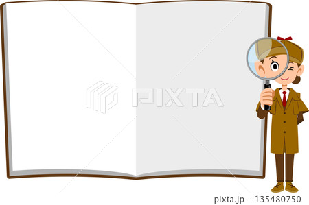 ノートの前で虫眼鏡をのぞく女性の探偵 135480750