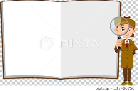 ノートの前で虫眼鏡をのぞく女性の探偵 135480750