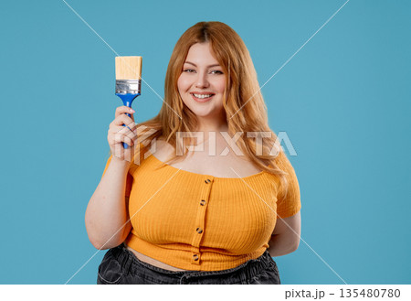 Body Positive Artist Woman With Brush On Blue. Plus Size Creative Person Lady 135480780