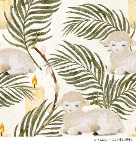Watercolor seamless pattern with lambs, palm leaves, pussy willow branches and candles on cloud white background, hand-painted in natural tones, Christian Easter and Palm Sunday design for fabric 135480945