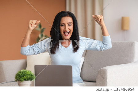Yes, I'm A Winner. Excited emotional ecstatic mature lady celebrating success, victory or great news sitting on couch, using personal computer, screaming yes and raising hands up. Happy woman in joy 135480954