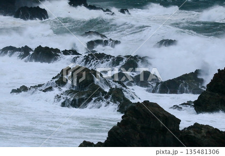 大荒れの冬海岸、岩と大波 大荒れの冬海岸、岩と大波 135481306