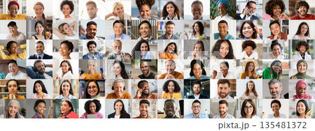 A vibrant collage features diverse, multiracial smiles and joyful expressions. Each face reflects unique backgrounds, united in showcasing happiness and celebrating cultural richness. 135481372