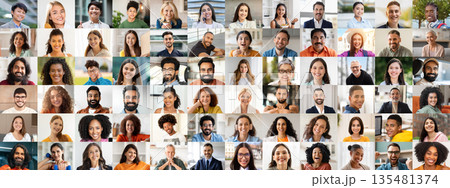 A vibrant collection of diverse individuals from various backgrounds smiling and expressing happiness. This portrait collage highlights the beauty of unity in diversity and joyful lifestyles. 135481374