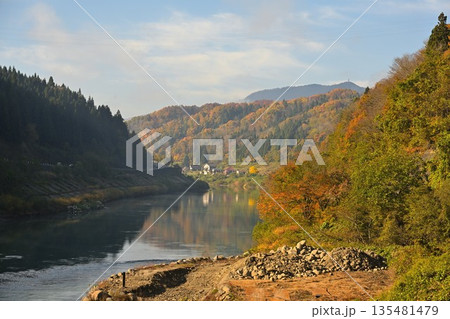 野沢温泉村を流れる千曲川と紅葉の風景（長野県野沢温泉村） 135481479