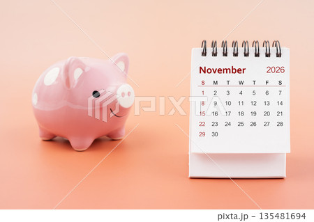 Desk calendar for November 2026 and pink piggy bank. Desk calendar for November 2026 and pink piggy bank. 135481694