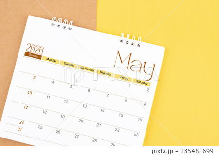 May 2026 desk calendar on brown and yellow, Planning for business. May 2026 desk calendar on brown and yellow, Planning for business. 135481699