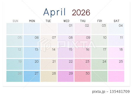 April 2026 calendar isolated on white background, Save clipping path. April 2026 calendar isolated on white background, Save clipping path. 135481709
