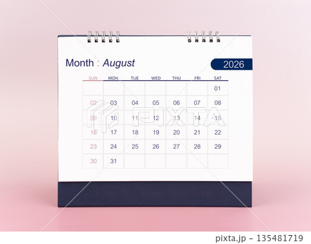 August 2026 blank desk calendar on pink background. August 2026 blank desk calendar on pink background. 135481719