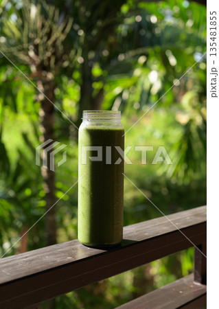 Green Smoothie Bottle with Tropical Leaves Background for Healthy Lifestyle Concept Green Smoothie Bottle with Tropical Leaves Background for Healthy Lifestyle Concept 135481855