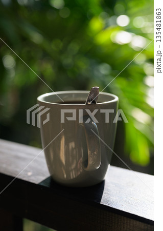 Coffee Cup with Tropical Leaves Background for Morning Lifestyle Concept 135481863