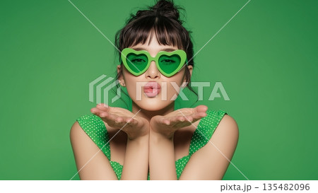 緑の背景　赤いハート型のサングラスをかけた若い女性モデル。唇をすぼめて甘いキス 135482096