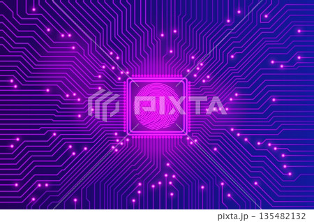 Neon Purple Biometric Interface Fingerprint Scanning Processor on Electric Blue Circuitry 135482132