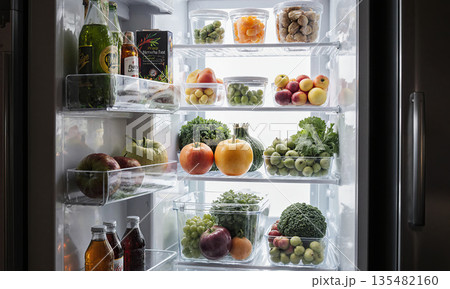 A perfectly organized refrigerator. A shot of a beautifully organized refrigerator, with drinks lined up, produce in clear containers 135482160