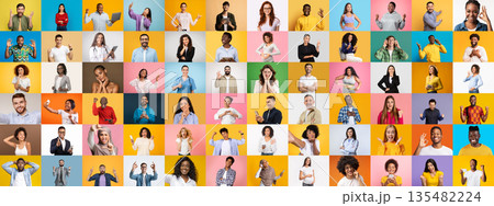 A lively collection of portraits featuring diverse individuals expressing a range of emotions. Set against colorful backgrounds, this compilation highlights the beauty of diversity and unity. A lively collection of portraits featuring diverse individuals expressing a range of emotions. Set against colorful backgrounds, this compilation highlights the beauty of diversity and unity. 135482224