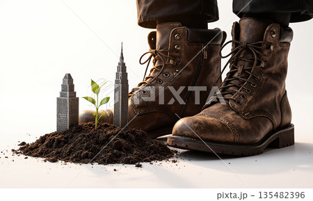 A pair of weathered boots planted on a patch of fertile soil that sprouts micro skyscrapers, close low-angle shot 135482396