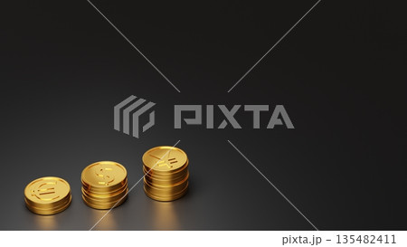 黒背景の左側に並ぶ金貨と右側の余白 日本円の資産成長・成功・プレミアムな投資イメージ 135482411