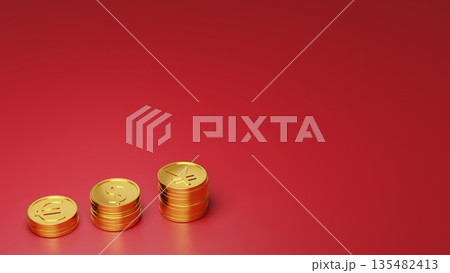 赤い背景の左側の金貨と右側の余白 積極的な日本株投資・金運・資産増益のイメージ 135482413