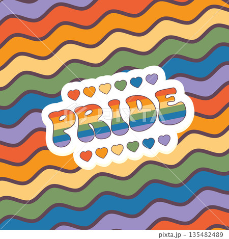 Groovy rainbow lettering Pride word. Retro vintage slogan LGBT and LGBTQ. Funky quote old style. Trendy hippie pride print design for posters, cards, social media, covers in groovy 60s 70s style 135482489