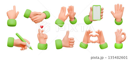 3D cartoon hands showing various gestures and actions 135482601