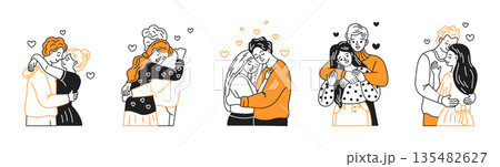 Cartoon Couples Embracing with Hearts and Smiles Cartoon Couples Embracing with Hearts and Smiles 135482627