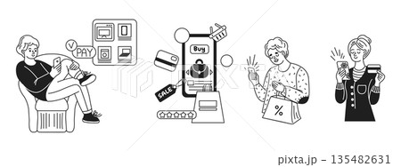 Illustration of People Engaging in Online Shopping Illustration of People Engaging in Online Shopping 135482631