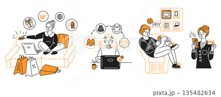 Online Shopping Illustration with Happy Shoppers 135482634