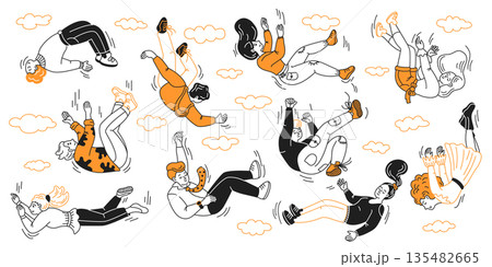 Playful Cartoon Characters Falling Through Sky Playful Cartoon Characters Falling Through Sky 135482665
