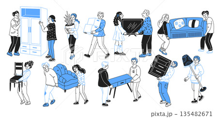 Illustration of People Moving Various Furniture Illustration of People Moving Various Furniture 135482671