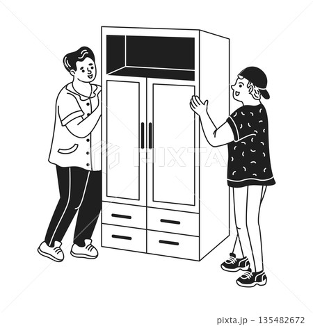 Two People Moving a Wardrobe Together 135482672