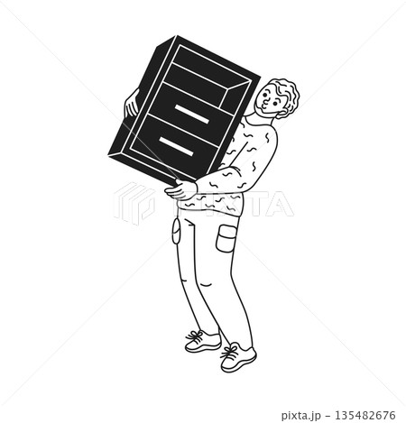 Person Carrying Large Cabinet with Effort 135482676