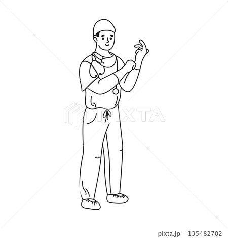 Outline Drawing of a Doctor Putting on Gloves Outline Drawing of a Doctor Putting on Gloves 135482702