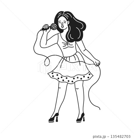 Woman Singing with Microphone in Hand Sketch Woman Singing with Microphone in Hand Sketch 135482703