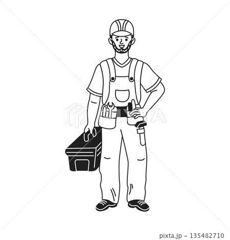 Handyman with toolbox in black and white illustration Handyman with toolbox in black and white illustration 135482710