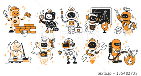 Set of Cartoon Robots in Various Professions Set of Cartoon Robots in Various Professions 135482735