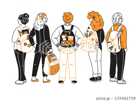 Illustration of diverse students with backpacks Illustration of diverse students with backpacks 135482739