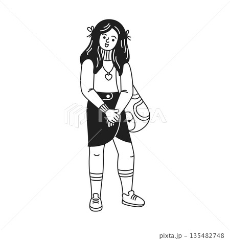 Black and White Illustration of a Smiling Girl Black and White Illustration of a Smiling Girl 135482748