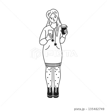 Young Woman Holding Coffee and Phone 135482749