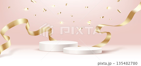 Elegant White Pedestals with Golden Ribbon on Pink Background 135482780
