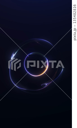 Multicolored neon digital sphere with layered light waves and futuristic holographic glow on dark background. 135482816