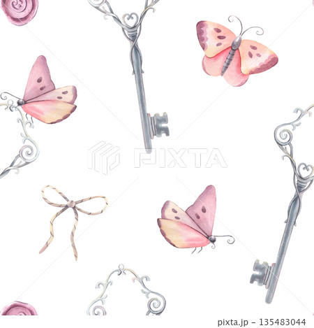 Seamless pattern, vintage metal key, bow, butterflies. Hand-painted watercolor illustration isolated on white for textile, packaging, stationery, wallpaper, branding, wedding design, romantic decor 135483044