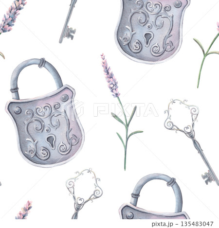 Seamless provence pattern, lavender, vintage padlock, key. Hand-painted watercolor illustration isolated on white for textile, packaging, stationery, wallpaper, branding, wedding design, decor Seamless provence pattern, lavender, vintage padlock, key. Hand-painted watercolor illustration isolated on white for textile, packaging, stationery, wallpaper, branding, wedding design, decor 135483047