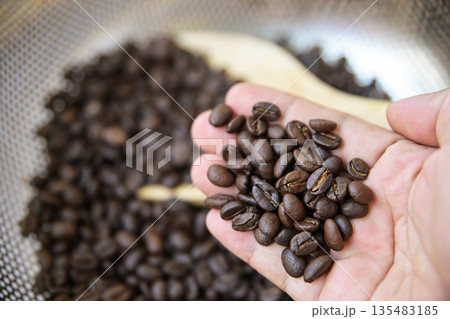 hand checking medium coffee bean roasted from fresh cafe hand checking medium coffee bean roasted from fresh cafe 135483185