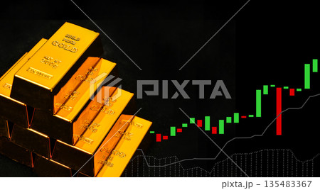 Stack Gold Bars and candlestick chart on black background ,investment and business concept 135483367