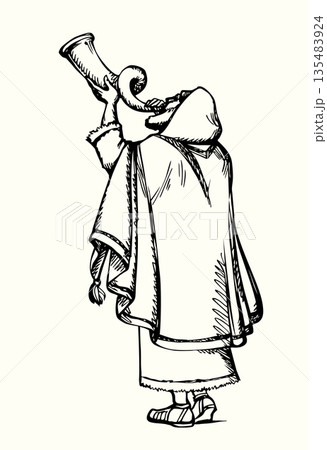 Vector drawing. Jewish man playing shofar Vector drawing. Jewish man playing shofar 135483924