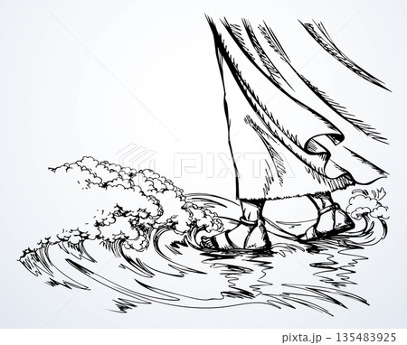 Vector drawing. A man walking on wavs in a storm Vector drawing. A man walking on wavs in a storm 135483925
